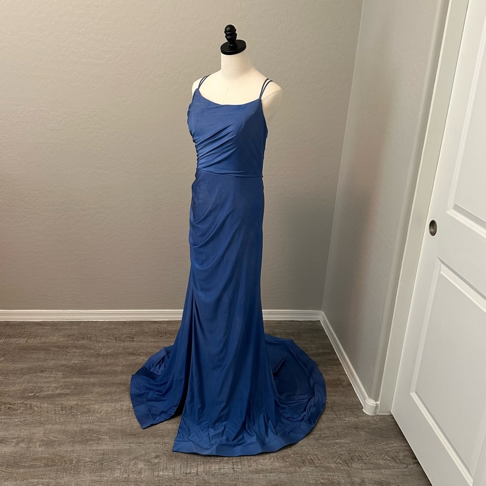 🔴FINAL CLEARANCE NEW JOVANI SZ 14 BLUE FRONT SLIT FORMAL EVENING GOWN DAMAGED - Picture 2 of 16